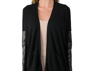 Damen-Cardigan aus 100 % Kaschmir mit langen Ärmeln und Dolman-Leder | Farbe: Schwarz
