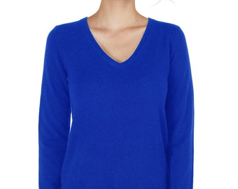 Pulls 100 % pur cachemire pour femme | Pulls à col en V | Couleur cobalt