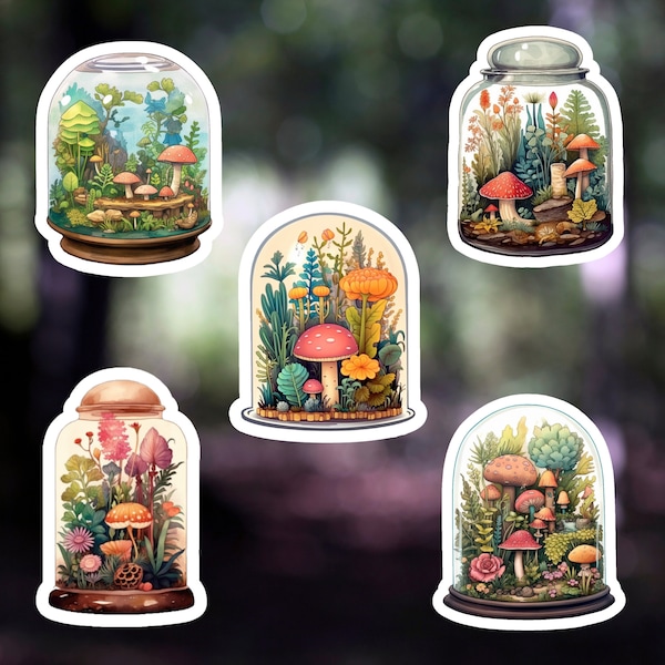 Mushroom Terrarium Sticker Set // Plant Lover Gift, Vinyl Decals, Cottagecore, Whimsical Sticker, Waterbottle, Laptop Sticker, Sticker Sheet