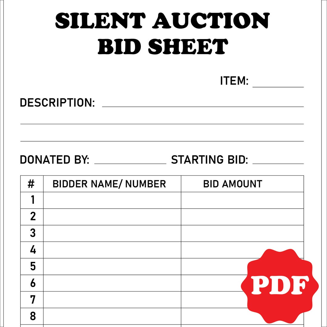 Silent Auction Bid Sheet, Silent Auction Sign up Sheet, Fundraiser Silent Auction Bid Sheet, Silent Auction Sign up Sheet, Fundraiser