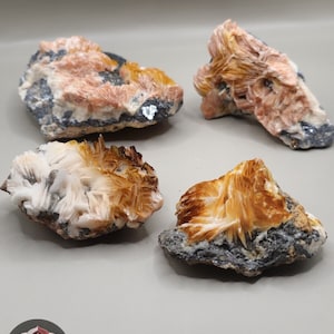 Può includere: Quattro campioni di minerali con una varietà di colori. I minerali presentano un mix di formazioni cristalline arancioni, bianche e marroni su una base grigio scuro. I cristalli hanno una struttura a strati e radiante.