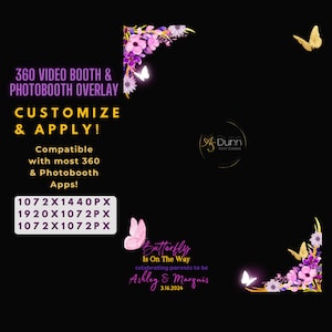 Może przedstawiać: Fioletowo-różowy kwiatowy nakład na fotobudkę z motylami i tekstem "Butterfly Is On The Way celebrating parents to be Ashley & Marquis 3.16.2024".
