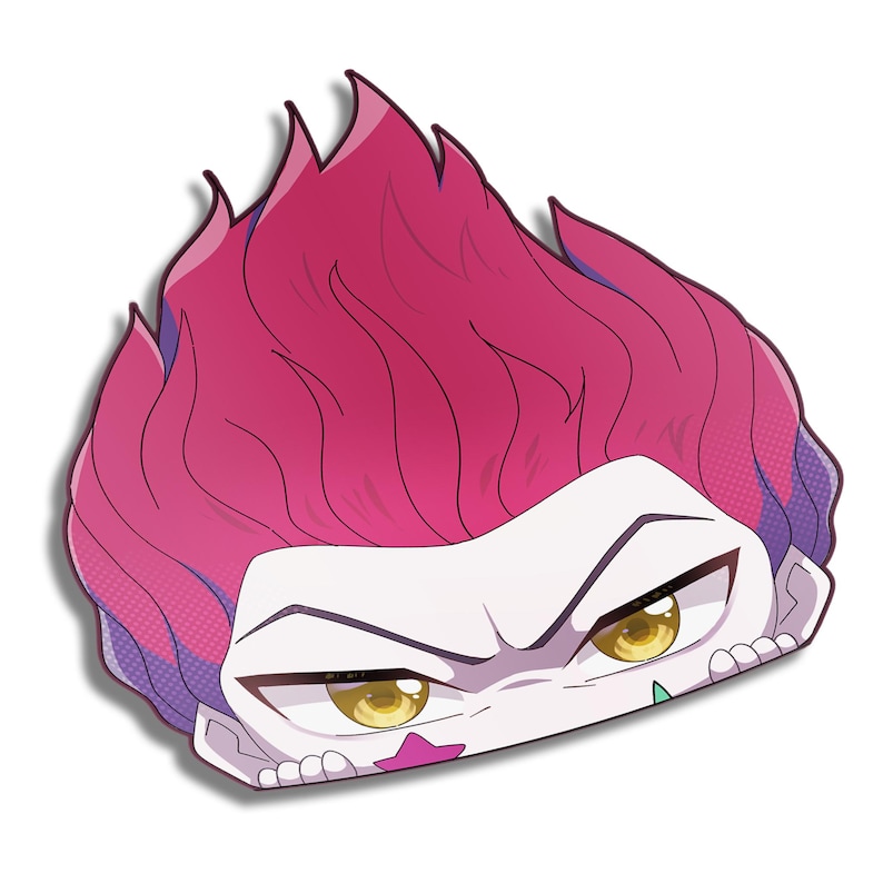 Puede incluir: Una ilustraci&oacute;n de dibujos animados de un personaje con cabello rosado y ojos amarillos asom&aacute;ndose desde detr&aacute;s de una pared. El personaje tiene una expresi&oacute;n traviesa y lleva un atuendo rosa y morado.