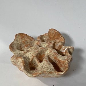 May include: A ceramic bowl with a unique, organic shape and a speckled, cream and orange glaze.