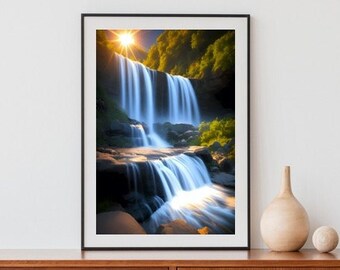 Op de afbeelding: Een ingelijste foto van een waterval die naar beneden stort over een rotsachtige klif. Het water is helderblauw en wit, en de zon schijnt door de bomen op de achtergrond.