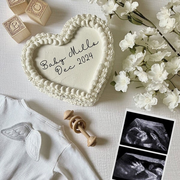 Vintage Heart Cake Baby Announcement | Easy Editable Pregnancy Announcement Template | Neutral Baby Reveal | Social Media | Baby Angel Wings