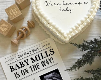 Vintage Heart Cake & Newspaper Baby Announcement | Easy Editable Pregnancy Announcement Template | Neutral Baby Reveal | Social Media