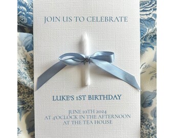 Editable Blue Bow Candle First Birthday Invitation, Cute Custom Digital Announcement, Evite, Personalized Text Message Invite, 1st Birthday