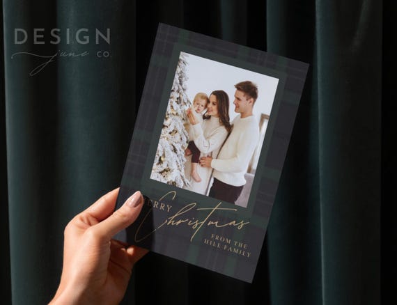 Ralph Lauren Inspired Christmas Card Template | Editable Holiday Card | Blue Plaid Christmas Card | Family Photo Card | Instant Download