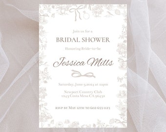 Beige Coquette Bridal Shower Invite Editable 5x7 Flat Template | Instant Digital Download | Edit with Corjl