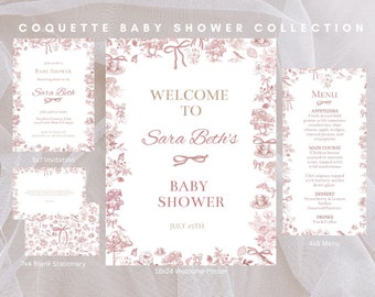 EDITABLE Pink Vintage Coquette Baby Shower Bundle,Custom Invitation, Welcome Poster, Menu & Blank Card Template | Instant Download Printable