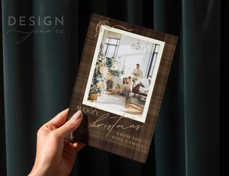 Ralph Lauren Inspired Christmas Card Template | Editable Holiday Card | Brown Plaid Christmas Card | Family Photo Card | Instant Download image 1