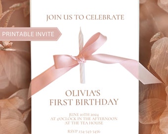 Editable Pink Bow Candle First Birthday Invitation, Cute Custom Invitation, Personalized Printable Invite, 1st Birthday