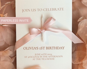 Editable Pink Bow Candle First Birthday Invitation, Cute Custom Digital Announcement, Evite, Personalized Text Message Invite, 1st Birthday