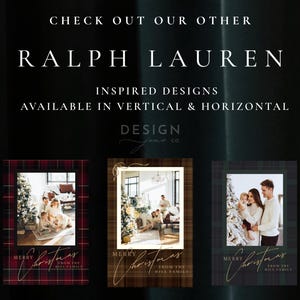 May include: Three vertical Christmas photo cards featuring plaid borders in red, brown, and dark green. Each card displays a family photo, the text "MERRY CHRISTMAS FROM THE HILL FAMILY" in gold script, and "CHECK OUT OUR OTHER RALPH LAUREN INSPIRED DESIGNS".