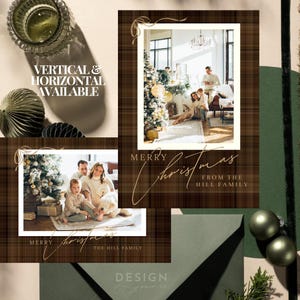 May include: Two rectangular Christmas cards with a brown plaid border and white frames. The cards feature a family photo in a living room with a Christmas tree. Text reads: Merry Christmas from the Hill Family. Vertical and horizontal layouts shown.