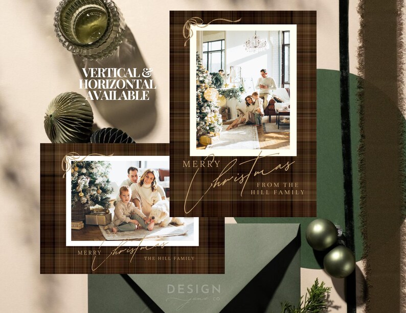 May include: Two rectangular Christmas cards with a brown plaid border and white frames. The cards feature a family photo in a living room with a Christmas tree. Text reads: Merry Christmas from the Hill Family. Vertical and horizontal layouts shown.