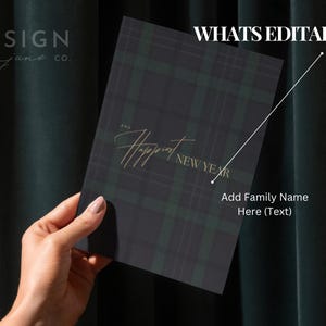 May include: A rectangular greeting card featuring a dark green and black plaid pattern. The card displays the gold text "AND Happiest NEW YEAR" and includes a white line pointing to a placeholder area with the text "WHATS EDITABLE" and "Add Family Name Here (Text)".