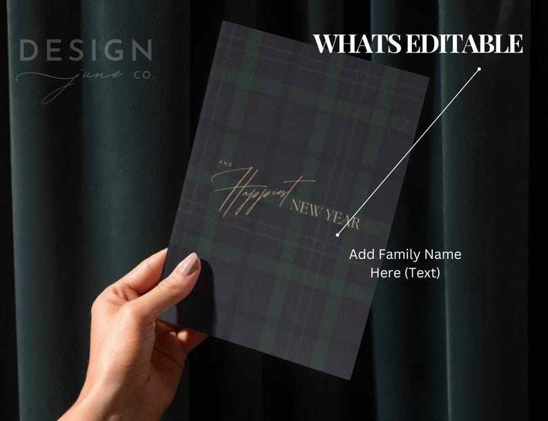 May include: A rectangular greeting card featuring a dark green and black plaid pattern. The card displays the gold text "AND Happiest NEW YEAR" and includes a white line pointing to a placeholder area with the text "WHATS EDITABLE" and "Add Family Name Here (Text)".