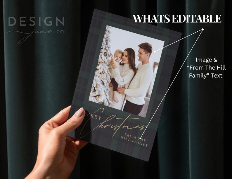 May include: A rectangular holiday card featuring a dark green plaid background with a central photograph of a family standing by a Christmas tree. The card includes the gold script text Merry Christmas and the printed text FROM THE HILL FAMILY.