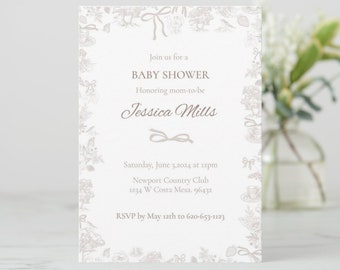 Beige Vintage Coquette Baby Shower Invite | Editable 5x7 Flat Template | Instant Download Printable | Edit with Corjl