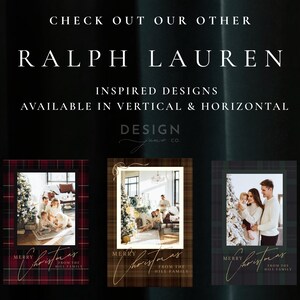 May include: Three vertical Christmas photo cards featuring plaid borders in red, brown, and dark green. Each card displays a family photo, the text "MERRY CHRISTMAS FROM THE HILL FAMILY" in gold script, and "CHECK OUT OUR OTHER RALPH LAUREN INSPIRED DESIGNS".
