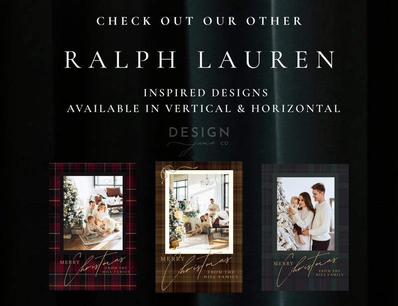 May include: Three vertical Christmas photo cards featuring plaid borders in red, brown, and dark green. Each card displays a family photo, the text "MERRY CHRISTMAS FROM THE HILL FAMILY" in gold script, and "CHECK OUT OUR OTHER RALPH LAUREN INSPIRED DESIGNS".