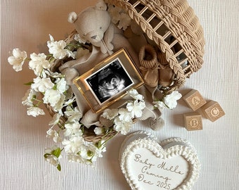 Editable Vintage Heart Cake Baby Announcement | Neutral Gender Reveal Template | Easy Social Media Pregnancy Announcement | Baby Teddy Bear