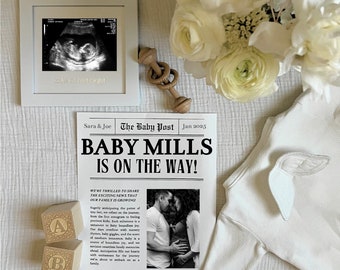 Personalized Ultrasound Newspaper Baby Announcement | Easy Editable Pregnancy Announcement Newspaper Template | Neutral Baby Reveal | Angel