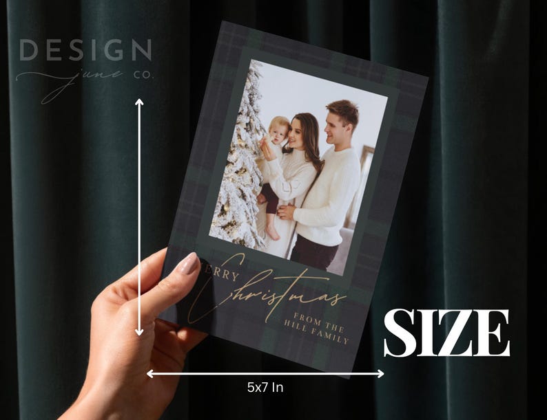 May include: A 5x7 inch rectangular Christmas greeting card featuring a dark green and black plaid border. The center displays a photograph of a family near a Christmas tree. The text reads Merry Christmas from the Hill family in gold script.
