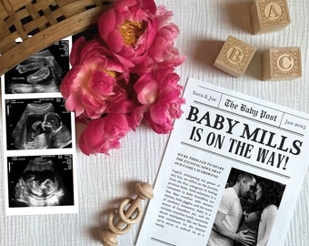 Personalized Ultrasound Newspaper Baby Announcement | Easy Editable Pregnancy Announcement Newspaper Template | Neutral Baby Reveal | Peony