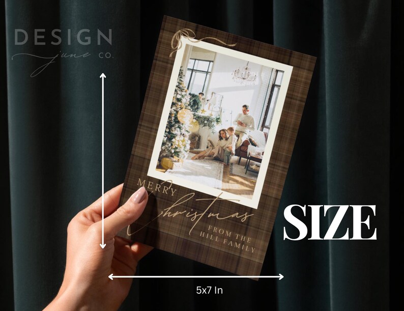 May include: A rectangular Christmas greeting card with a brown plaid border and a central photo of a family in a living room. The card features the text Merry Christmas from the Hill Family and includes a white measuring graphic indicating a 5x7 inch size.