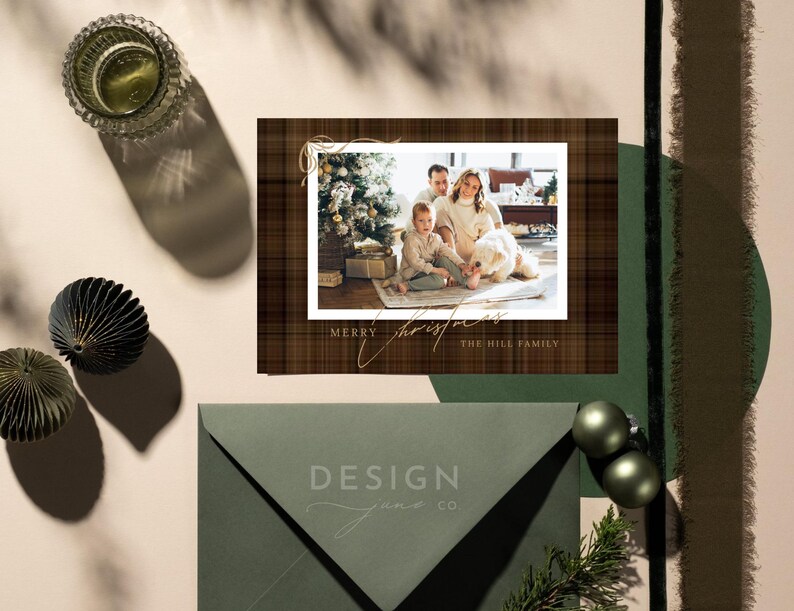 May include: A rectangular holiday greeting card featuring a brown plaid background, a central photograph of a family with a dog near a Christmas tree, and the text Merry Christmas The Hill Family in gold script. An olive green envelope is included.