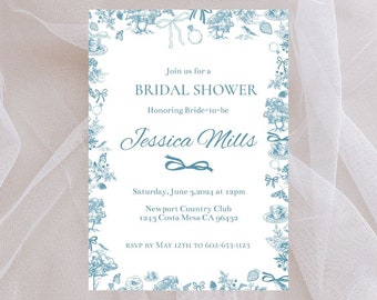 Blue Coquette Bridal Shower Invite Editable 5x7 Flat Template | Instant Digital Download | Edit with Corjl