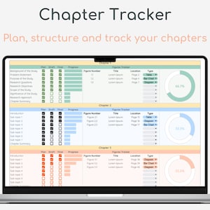 May include: A laptop screen displaying a chapter tracker spreadsheet with a progress bar and pie chart for each chapter. The spreadsheet includes columns for plan, draft, final, and progress. The pie charts show the percentage of completion for each chapter.