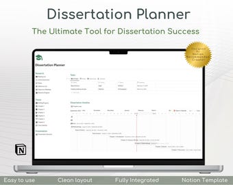 May include: A laptop screen displaying a Notion template for a dissertation planner. The template includes sections for research, tasks, goals, and a dissertation timeline. The template is designed by a Notion Recommended Creator.