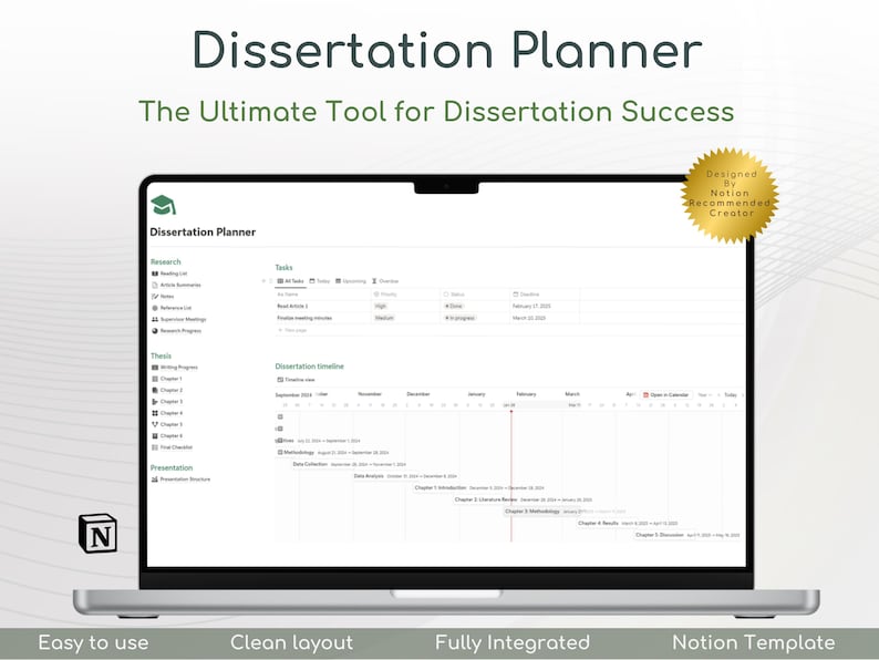 Dissertation planner, thesis planner, Final Year Undergraduate Masters PhD Planner, Notion Template PhD, University Research project guide