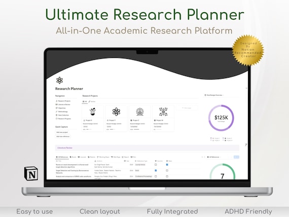 Research Planner, phd planner,  Academic Planner, Academic Digital Planner, Literature Planner academic notion personalized academic planner