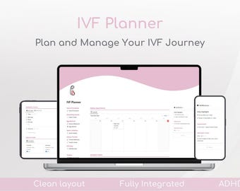 Może przedstawiać: Zrzut ekranu strony internetowej o nazwie "IVF Planner" przedstawiający interfejs kalendarza w różowo-białym schemacie kolorów. Strona internetowa została zaprojektowana, aby pomóc ludziom w planowaniu i zarządzaniu ich podróżą IVF. Tekst "Łatwy w użyciu", "Czysty układ", "W pełni zintegrowany" i "Przyjazny dla ADHD" jest wyświetlany u dołu obrazu.