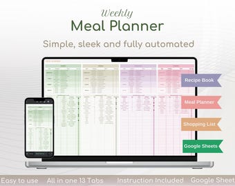 Weekly Meal Planner, Google Sheets, Recipe Journal (Digital)