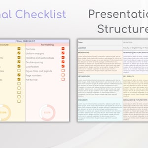 May include: A checklist for a presentation with sections for structure and formatting. The checklist includes items such as title page, abstract, results, discussion, and conclusion. The formatting section includes items such as font size, uniform margins, heading and subheadings, double-spacing, justification, figure titles and legends, page numbers, and PDF format.