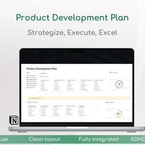 以下が含まれることがあります： 暗い背景と緑色のアクセントをつけた製品開発計画テンプレートが表示されたラップトップの画面。テンプレートには、「計画」、「ダッシュボード」、「コンセプト開発」のセクションが含まれています。また、70％と78％の完了を示す2つの進捗バーがあります。「製品開発計画」というテキストが画面の上部に表示されます。「戦略、実行、エクセル」というテキストがタイトルの下に表示されます。「使いやすい」、「クリーンなレイアウト」、「完全に統合」、「ADHDフレンドリー」というテキストがラップトップの下に表示されます。