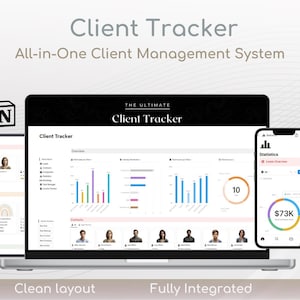 Puede incluir: Una captura de pantalla de una pantalla de computadora que muestra una plantilla de Notion para un rastreador de clientes. La plantilla incluye gráficos, tablas y una lista de clientes. El texto "The Ultimate Client Tracker" se muestra en la parte superior de la pantalla. La plantilla está diseñada para ayudar a las empresas a administrar sus clientes y realizar un seguimiento de su progreso.