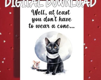 Funny Cat Get Well Printable Card, Cone of Shame Cat and Mouse, Digital Download Recovery Humor