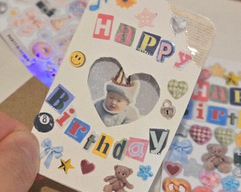 Y2K Birthday Card DIY Kit, Mini Birthday Card & Envelope, Retro Sticker Sheet, Cute Happy Mail, Birthday Gift for Bestie