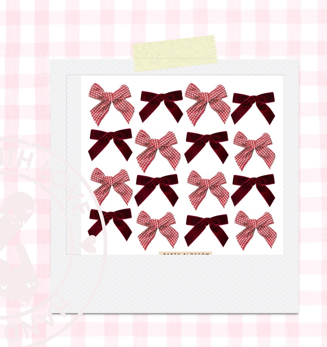 Red Bow Wrapping Sticker Red Gingham Velvet Bow Sticker Sheet | Premium Waterproof | Small ...