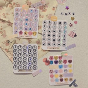 Hoja de pegatinas con letras y números de cuentas / Premium resistente al agua / Tamaño real de las cuentas / Álbum de recortes Y2K Álbum de recortes Diario basura Bujo Amistad BFF