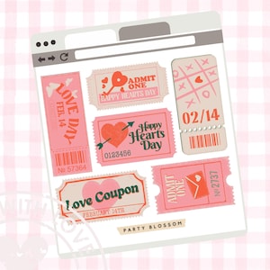 Valentines Ticket Sticker Blatt I Premium Wasserdicht | Be Mine Love Pink Admit One Retro 90er Jahre Scrapbook Bullet Junk Journaling Y2K Kawaii