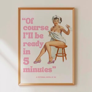 Różowo-biała łazienka sypialnia nadruk dziewczęcy retro zabawne nadruki przygotowanie pin up 60s kobieta plakat modny cyfrowy pobierz vintage wystrój
