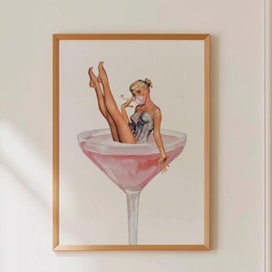 Pink retro cocktail wall art bar cart poster prints instant digital download printable drinking poster blush pink colorful vintage aesthetic